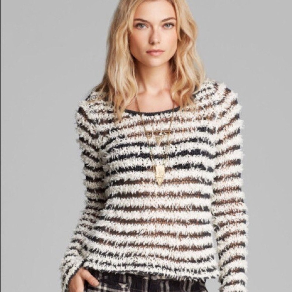 Free People‎ Downy XS Striped Knit Pullover Bell Sleeve Sweater Grey Ivory EUC